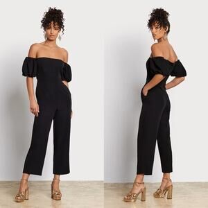 Sam Edelman Off Shoulder Jumpsuit Short Puff Sleeve Straight Leg Ankle Black 8